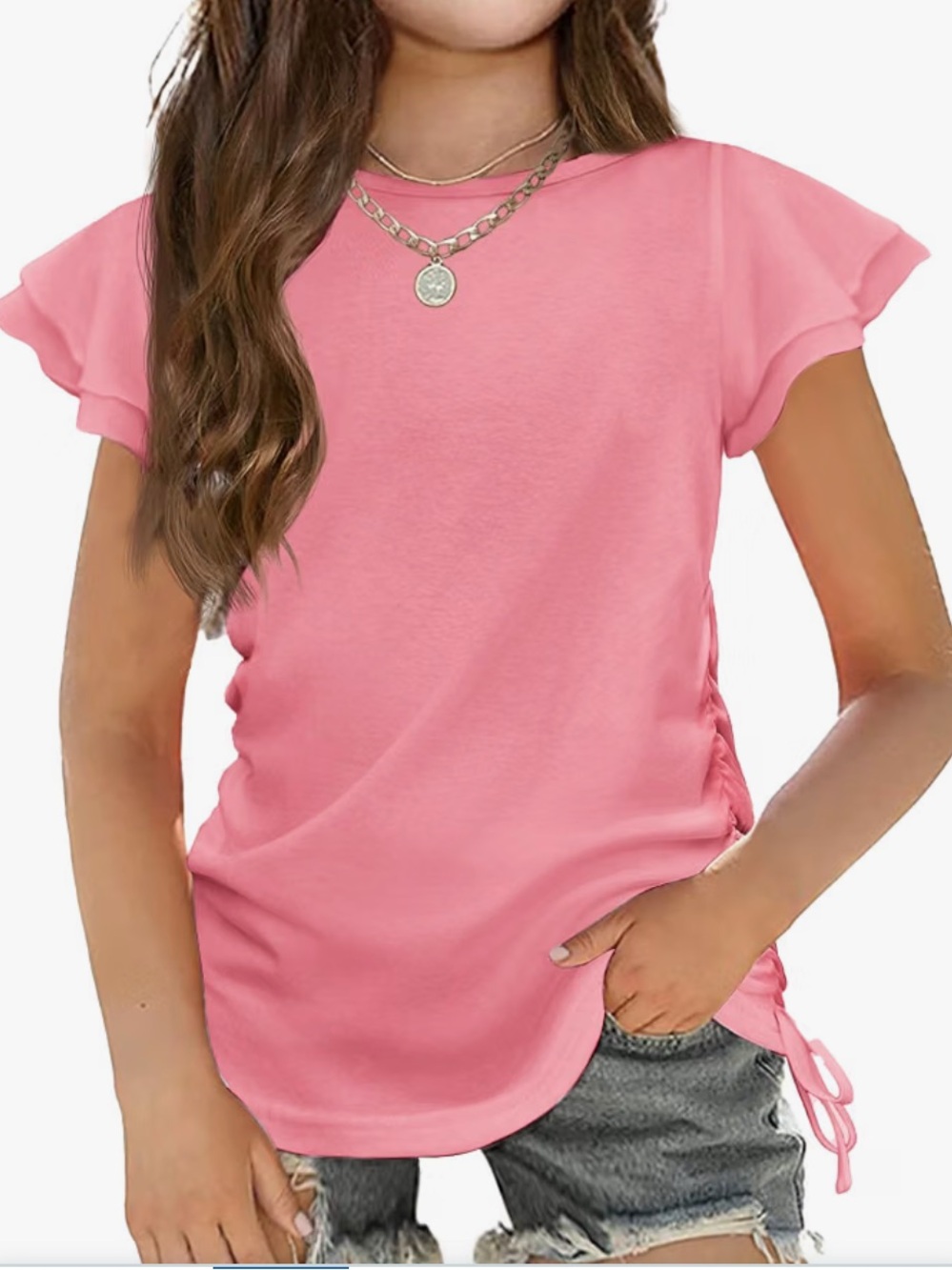 Girls' Pink Short Sleeve Ruffle Side-Ruched Tee